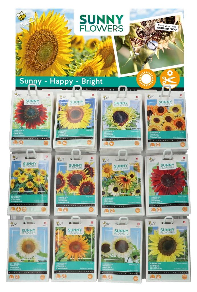 Sonnenblumensamen-Display – 120 Stück (12 Sorten) – Bunte Mischung aus niedrigen und hohen Sonnenblumen – Komplettset für den Garten und al...