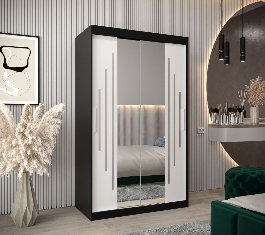 Kleiderschrank mit Spiegel KIRA – Breite 120 cm, schwarz / weiß