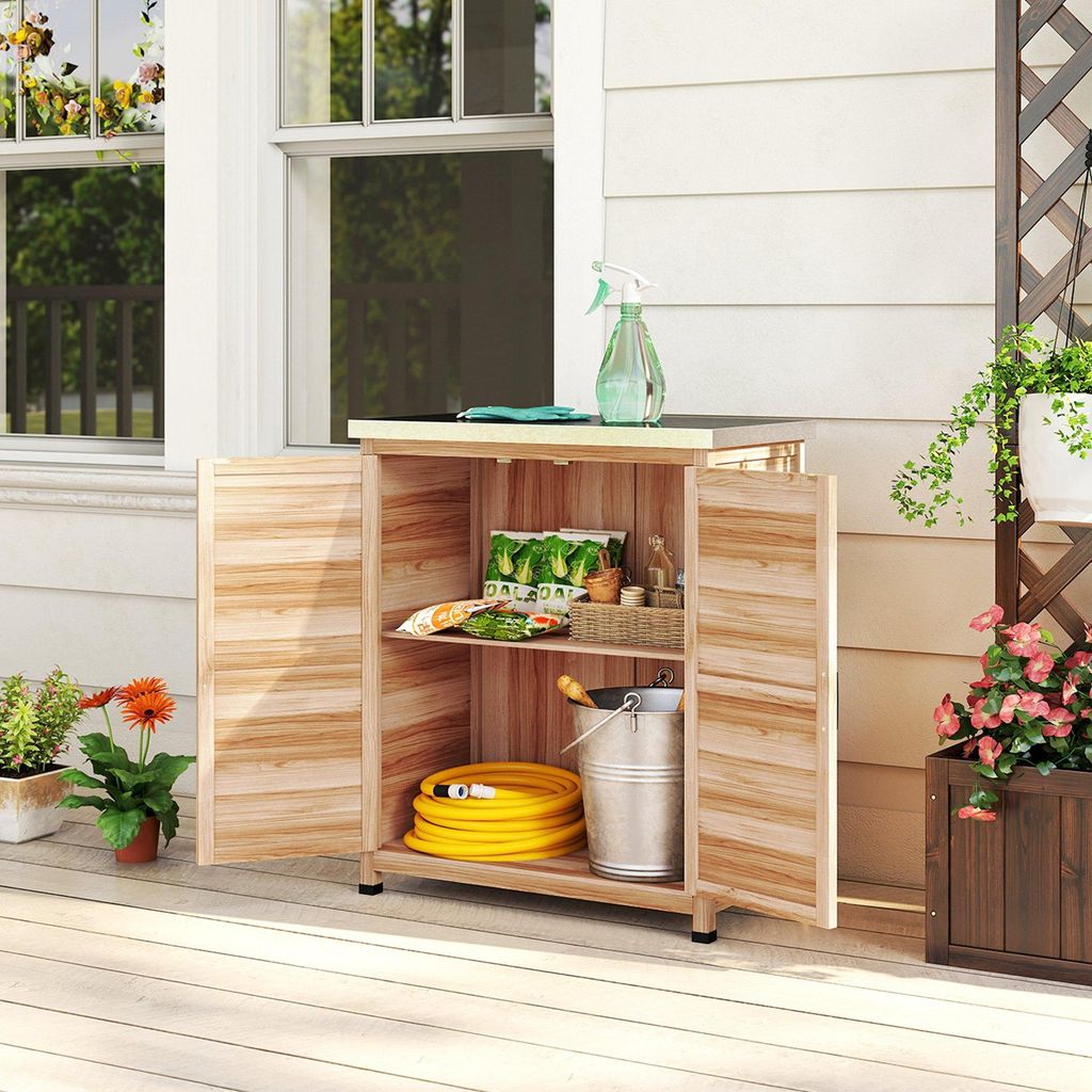 Gartenschrank Tannenholz mit Pflanztisch, Geräteschrank verzinkte Arbeitsplatte Doppeltür, Naturholz | 79 x 43 x 92 cm | 14,5 kg | 2 Regalböden