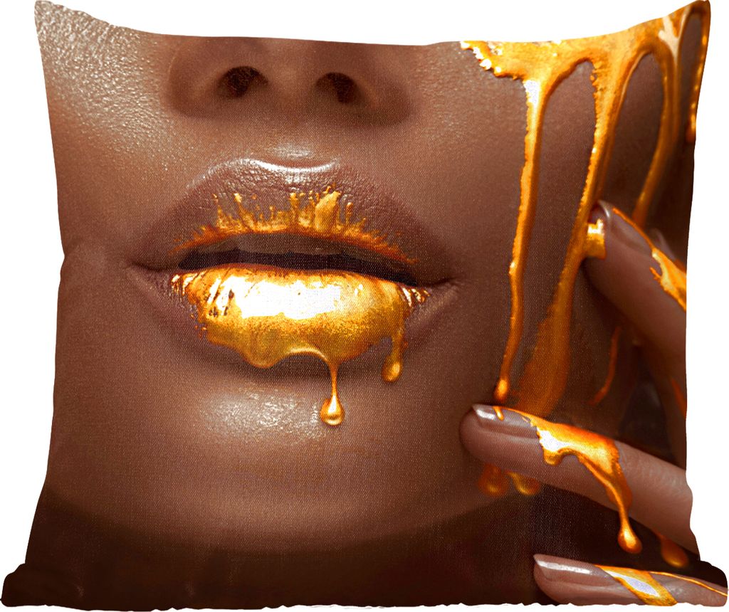 MuchoWow Zierkissen Sofakissen Wohnzimmer Dekokissen 45x45 cm Frau - Gold - Lippen - Schlafpolster - Polster für das Sofa