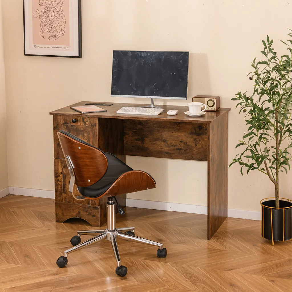 Bureau Moderne 109cm avec 2 Tiroirs de Rangement Style Industriel