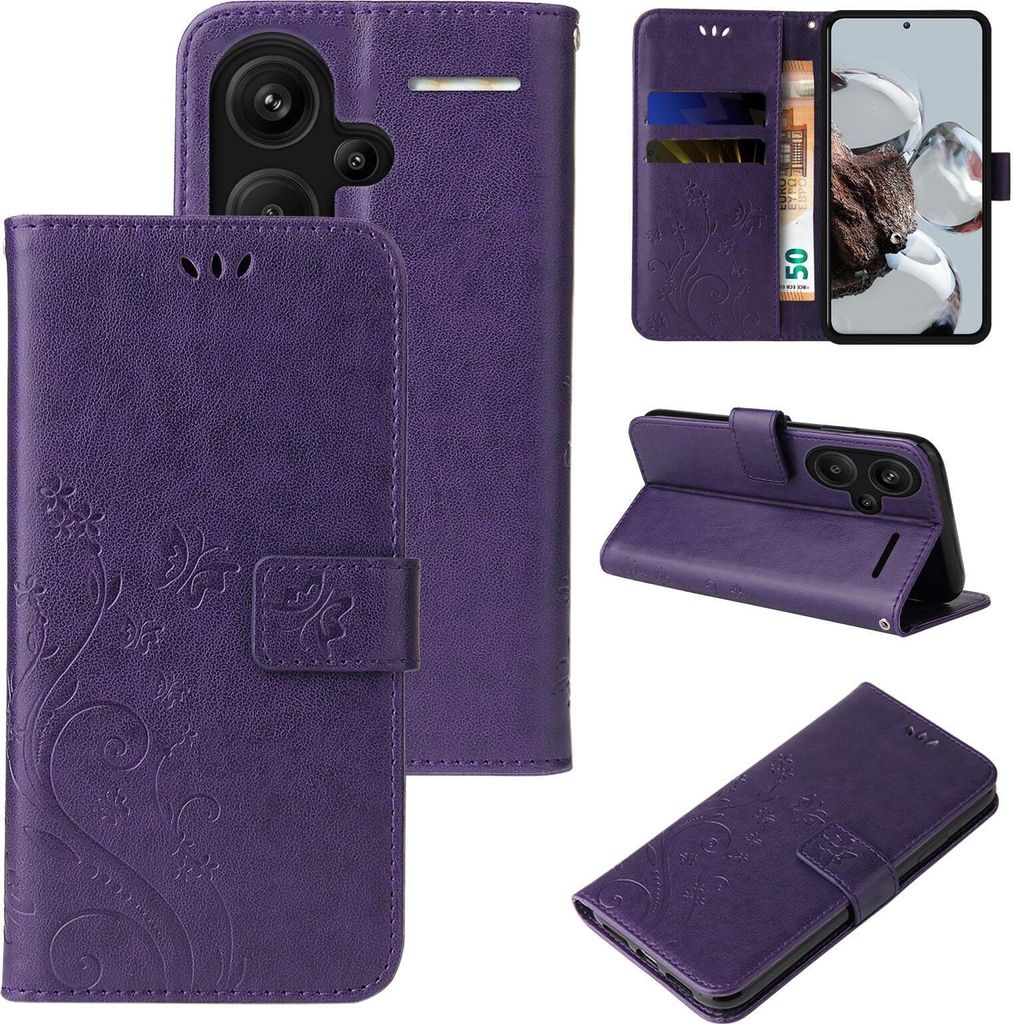 Handyhülle für Xiaomi Redmi Note 13 Pro+ 5G Floral Blumen Schmetterling Flip Cover Hülle Case Klapphülle Handytasche Farbe: Violett