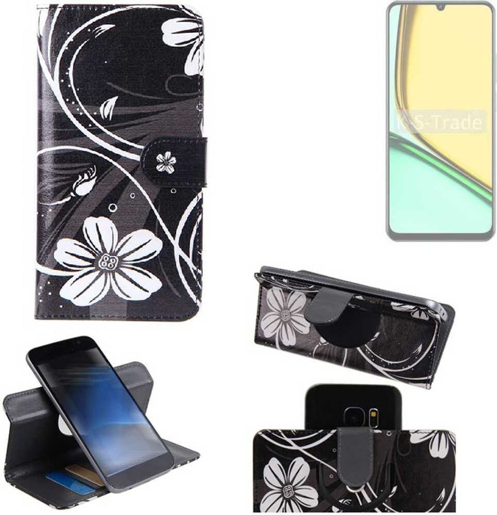 K-S-Trade Schutzhülle Handyhülle kompatibel mit Realme Note 60 Hülle 360° Wallet Case “Flowers“ Klapphülle Hülle schwarz-weiß 1x