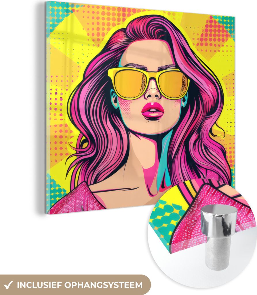 MuchoWow Glasbilder - Bilder auf Wandbild - Foto auf Glas Sonnenbrille - Frau - Sonnig - Gelb 40x40 cm Wanddekoration aus Glas - Acrylglasbild - Ac...