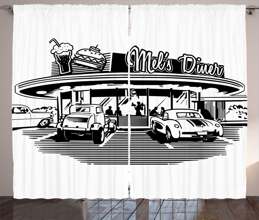 ABAKUHAUS Schwarz-Weiss Rustikaler Gardine, Nostalgisches Retro-Auto, Schlafzimmer Kräuselband Vorhang mit Schlaufen und Haken, 280 x 175 cm, Wei...
