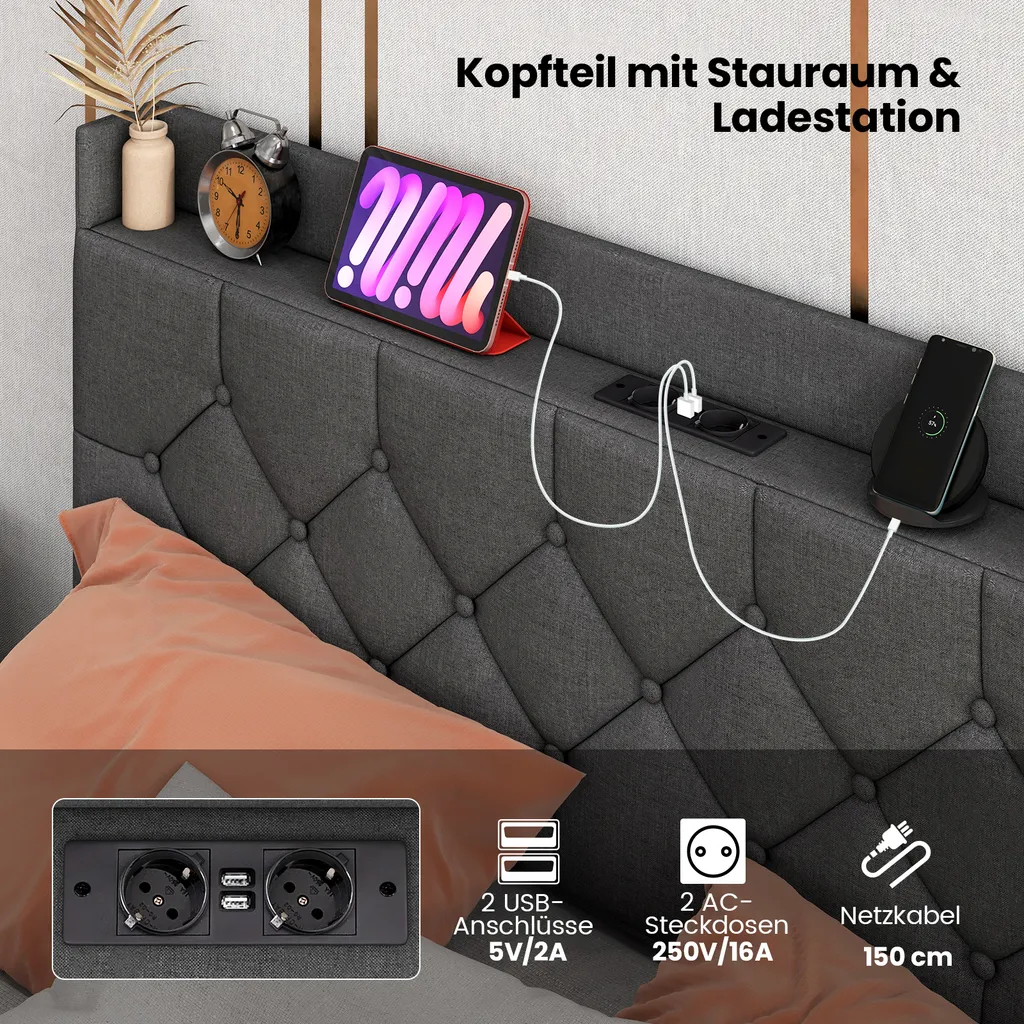 Lit LED 140x200 avec Prises USB Intégrées et Tête de Lit Grise Réglable - 4