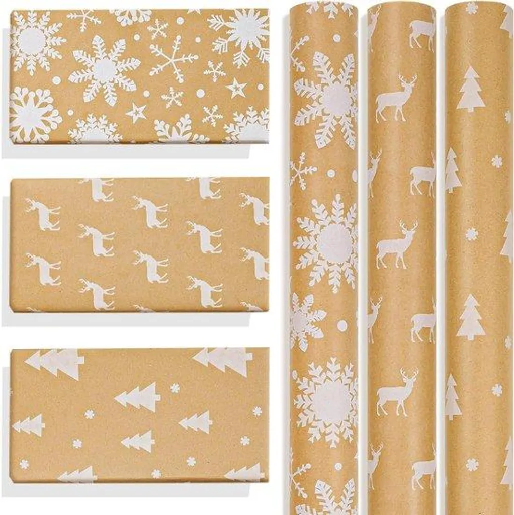 Papier Kraft de Noël en 3 Rouleaux 43cm x 3m - Emballage Brun Naturel