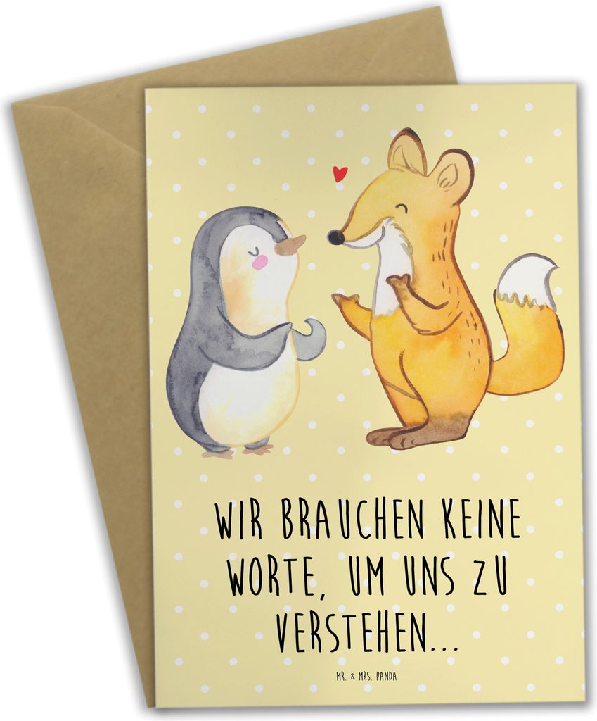 Mr. & Mrs. Panda babykarte Fuchs & Pinguin gehörlos - Gelb Pastell - Geschenk, einladungskarten, osterkarte, genesungskarte, Gebärdensprache, wei...