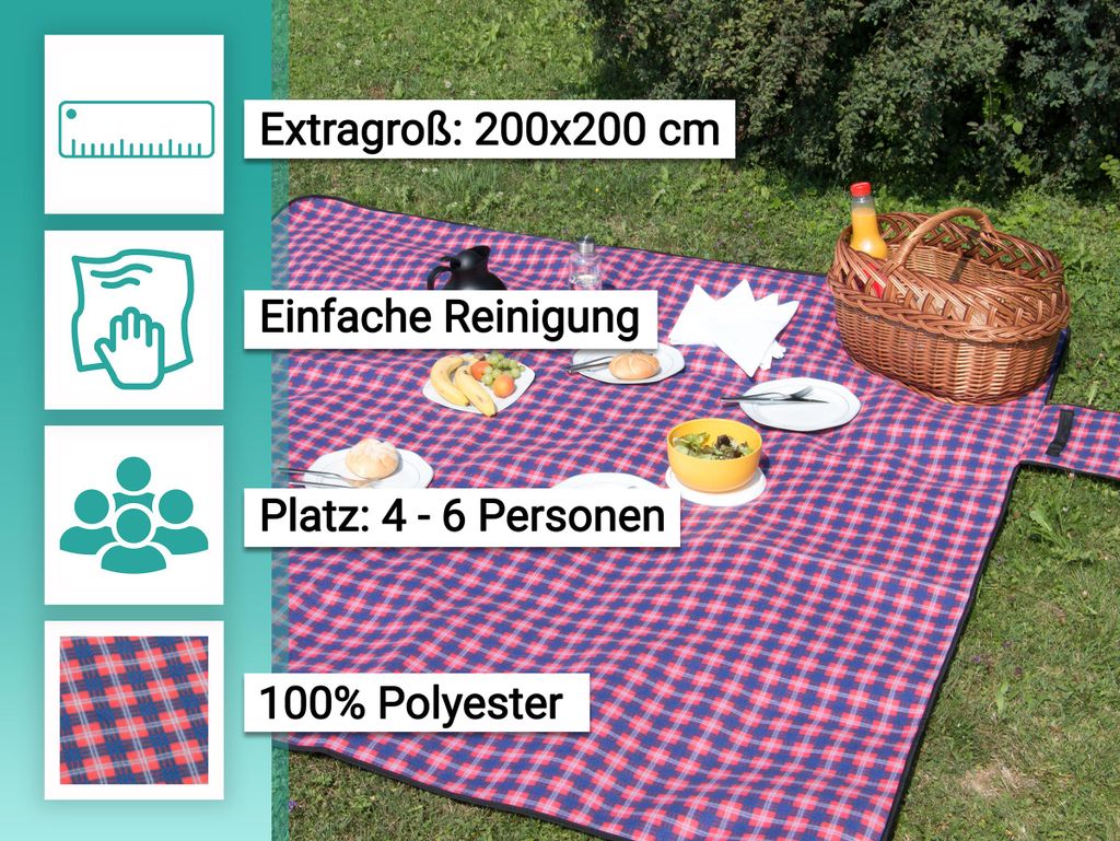 ZITUZY Picknickdecke 200x200cm Wasserdicht - Faltbar Für 9-10 Personen
