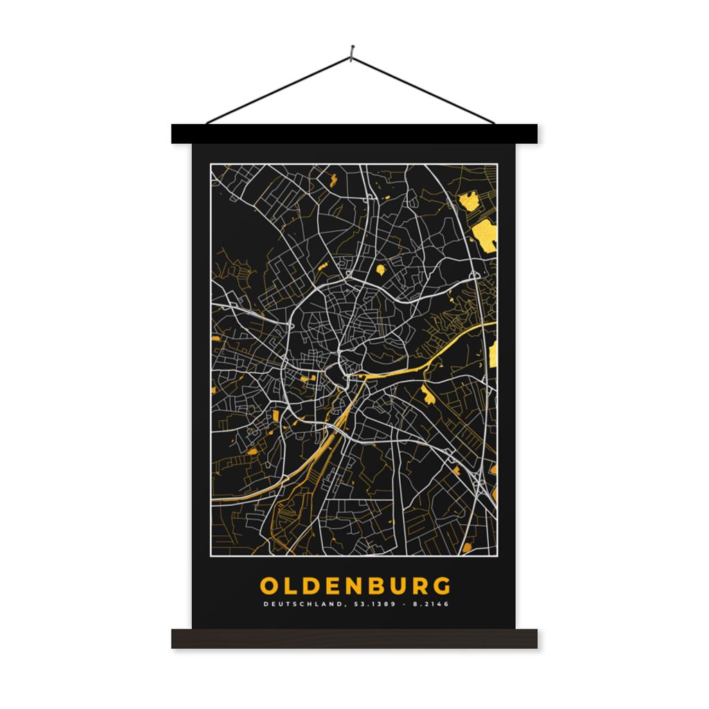 MuchoWow Textilposter Oldenburg - Deutschland - Gold - Stadtplan - Karte 40x60 cm mit schwarzem Rahmen - Wanddekorationen