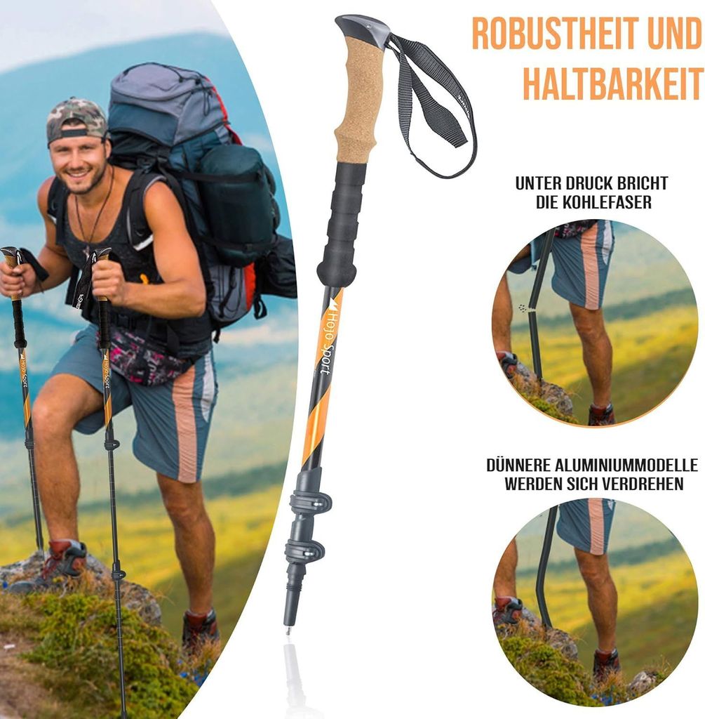 Hojo Sport Teleskop Wanderstock Walking Stöcke Verstellbar aus Leicht Aluminium mit Echt Kork Griff zum Wandern, Trekking, oder Trail (Farbe Orange)
