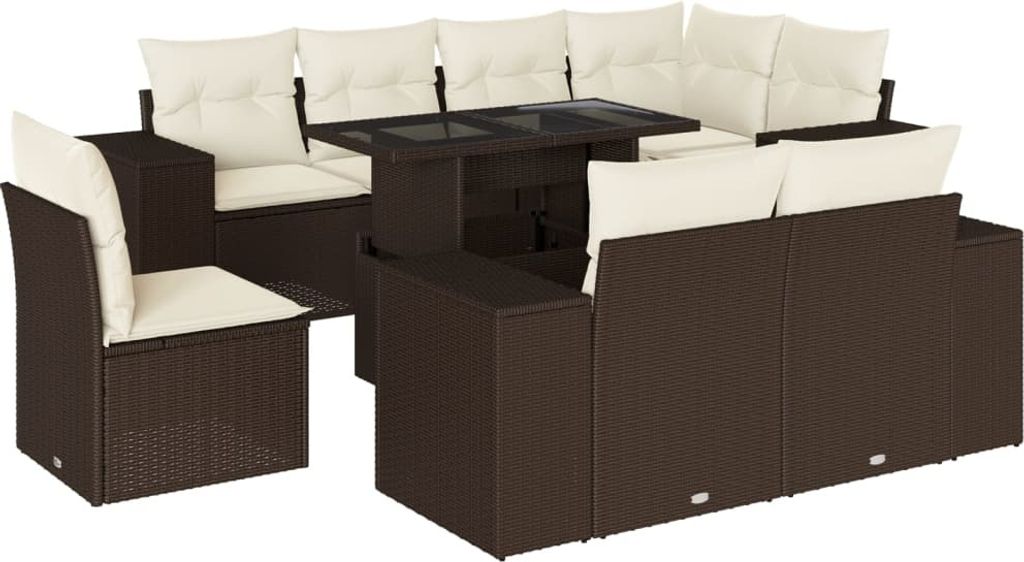 9-tlg. Garten-Sofagarnitur mit Kissen Braun Poly Rattan