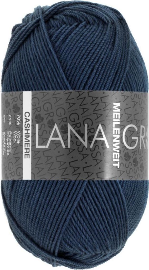 A ball of dark blue yarn with a label wrapped around it.