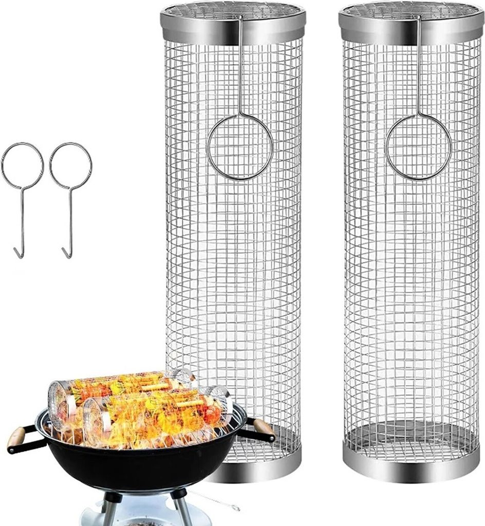 2er Set Zylindrischer Grillkorb Rund aus Edelstahl mit 1x Produktbild 