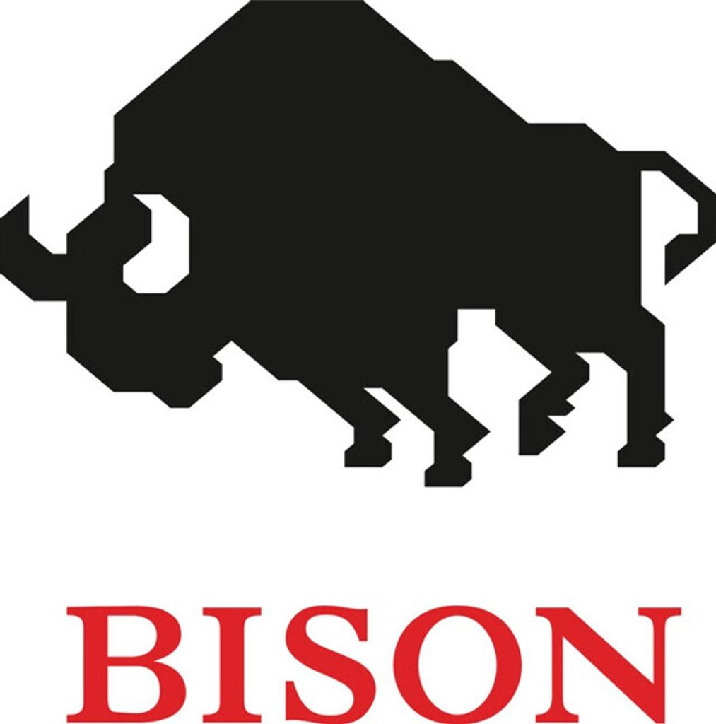 A black silhouette of a bison above the word BISON in red text.
