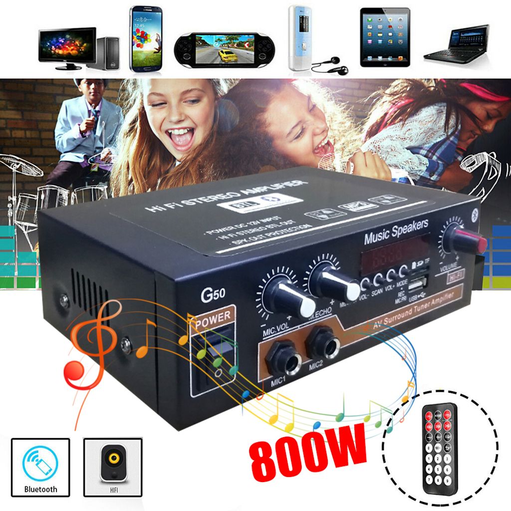 800W HiFi Verstärker Bluetooth Stereo-Vollverstärker Audio Endstufe EU Adapter 