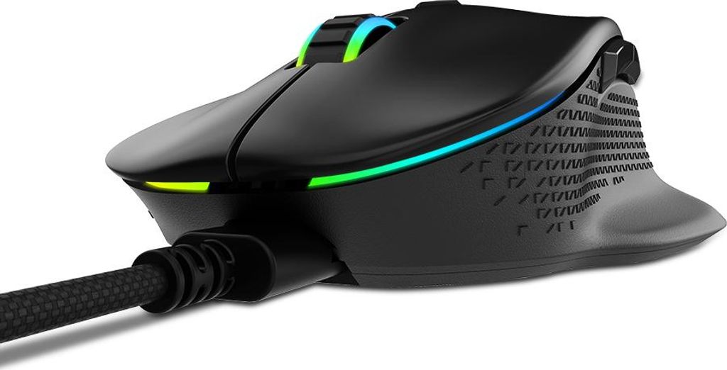 A close-up, side view of a black gaming mouse with RGB lighting.