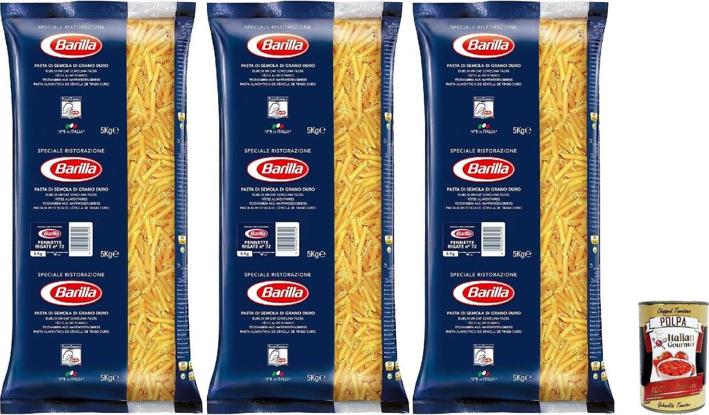 Barilla Hartweizen Pasta Pennette Rigate n. 72-3er Pack (3 x 5 kg) + Italian Gourmet polpa 400g