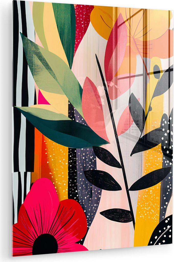 MuchoWow Glasbilder - Bilder auf Wandbild - Foto auf Glas Blumen - Blätter - Abstrakt - Farbenfroh 30x40 cm Wanddekoration aus Glas - Acrylglasbil...