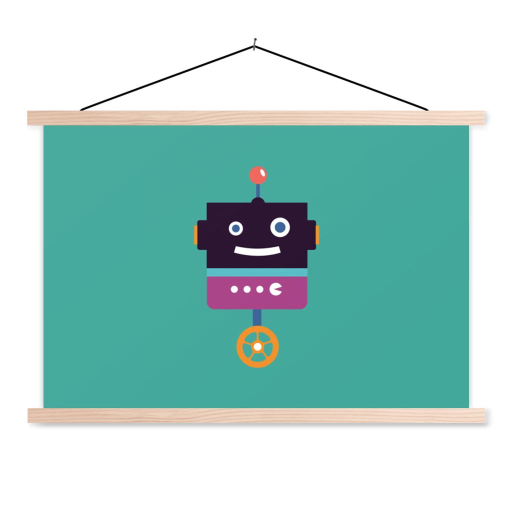 MuchoWow Textilposter Roboter - Rad - Lila - Grün - Jungen - Kinder 120x80 cm mit holzfarbenen Rahmen - Aufhängeset