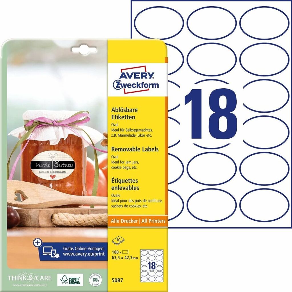 Avery Zweckform 5087 Ovale Etiketten, ablösbar, A4, 63,5 x Produktbild 