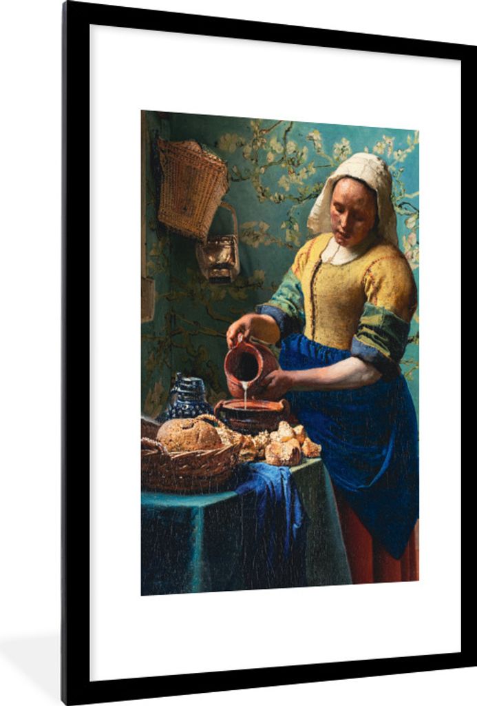 MuchoWow Gerahmtes Poster Milchmädchen - Mandelblüte - Van Gogh - Vermeer - Gemälde - Alte Meister 60x90 cm - Poster mit Schwarzem Bilderrahme...