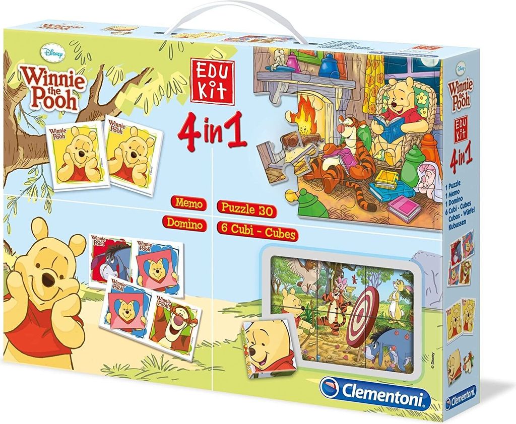 The image shows the packaging of a Winnie the Pooh 4-in-1 game set, featuring illustrations of Winnie the Pooh and his friends.