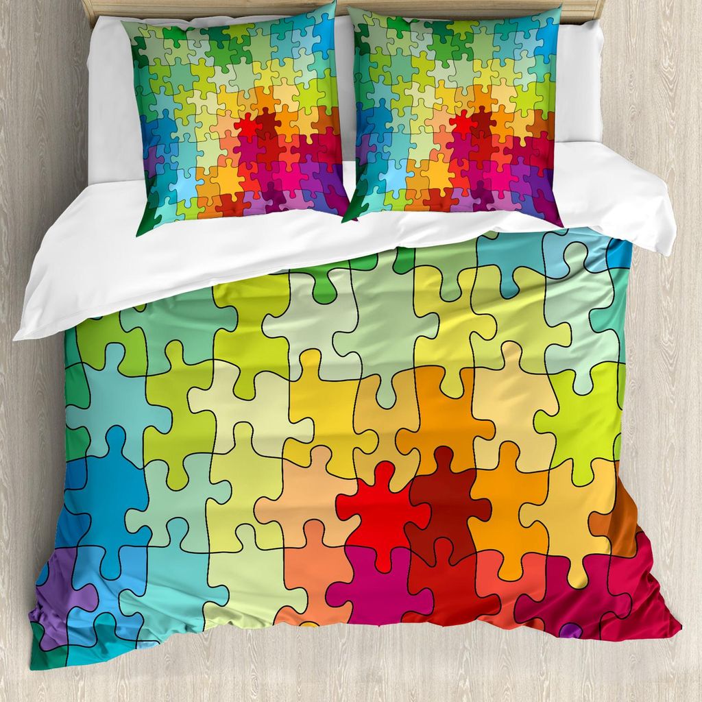 ABAKUHAUS Abstrakt Bettbezug Set, Bunte Puzzleteile Fraktal Kinder Hobby Aktivität Freizeit Spielzeug Cartoon Bild, 200 x 200 cm + 80 x 80 cm, Meh...