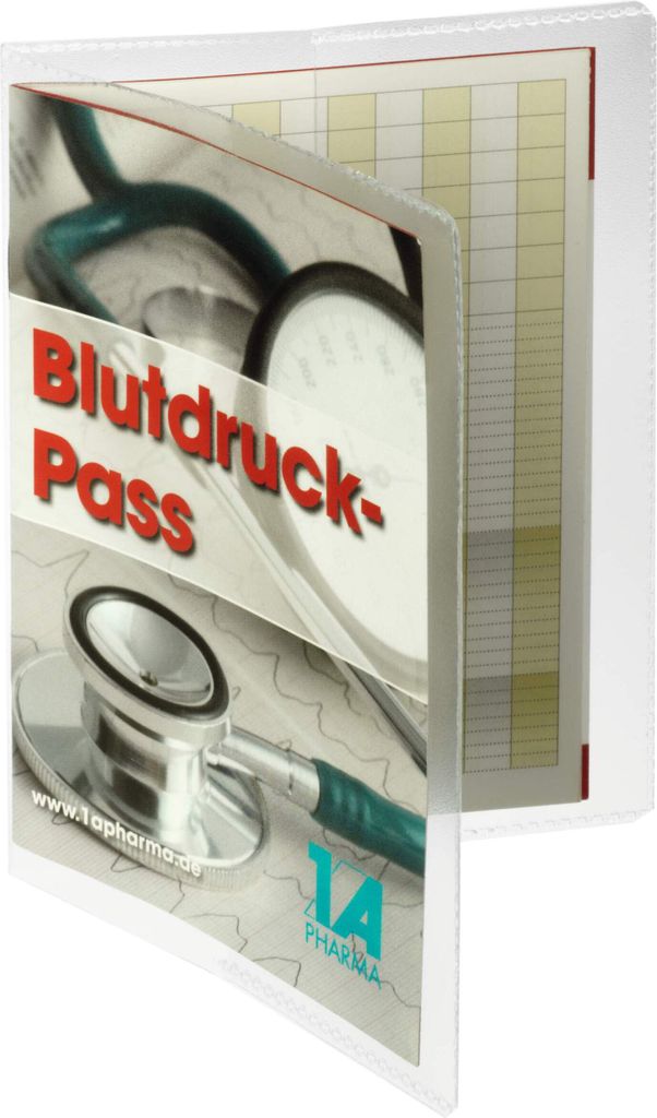 A transparent A6 double folder with a printed cover showing a stethoscope and the text "Blutdruck-Pass".
