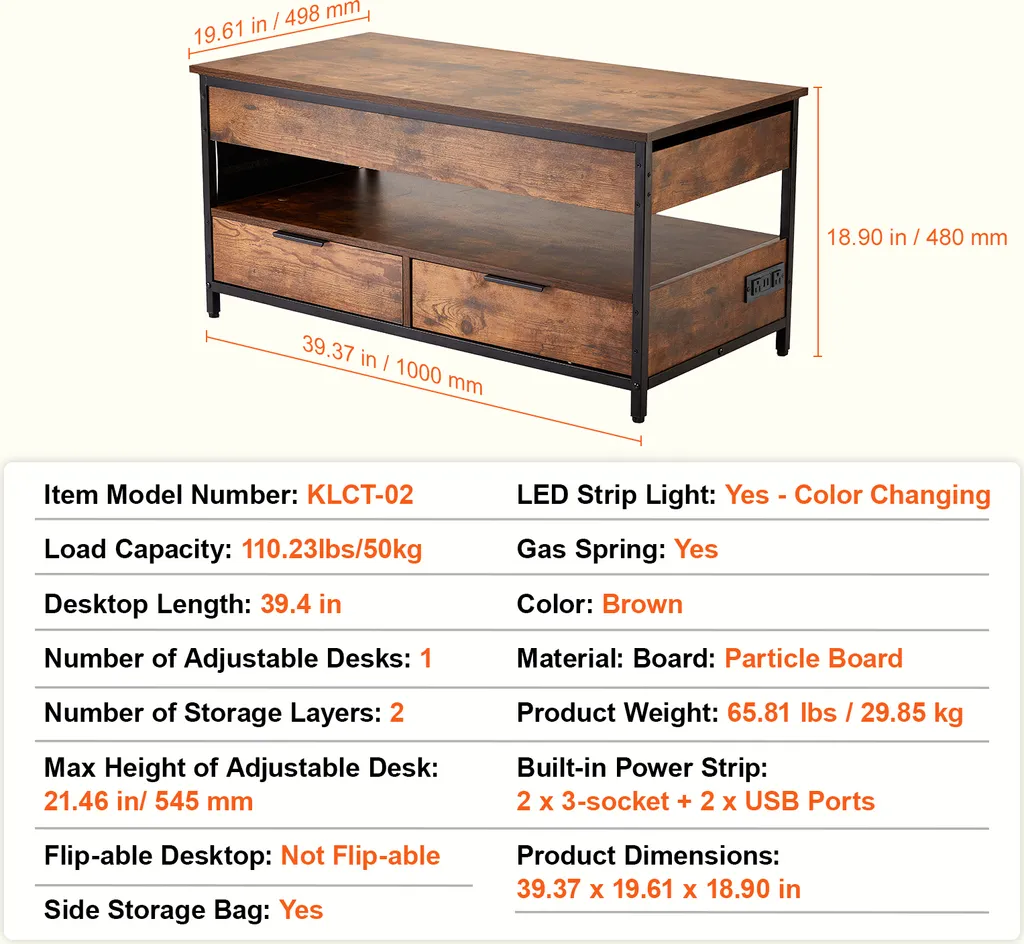 Table Basse Connectée avec LED Intégrée et Multiprise USB pour Salon