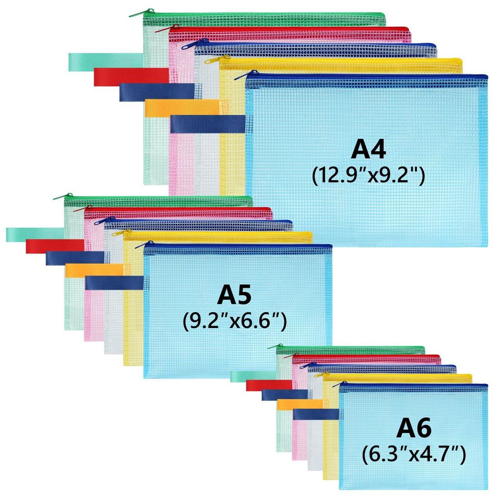 15-teiliges Dokumententaschen-Set A4+A5+A6, Netzgewebe, wasserdicht mit Reißverschluss und Tragegriff, verdickte PVC-Dokumententasche für Schule,...