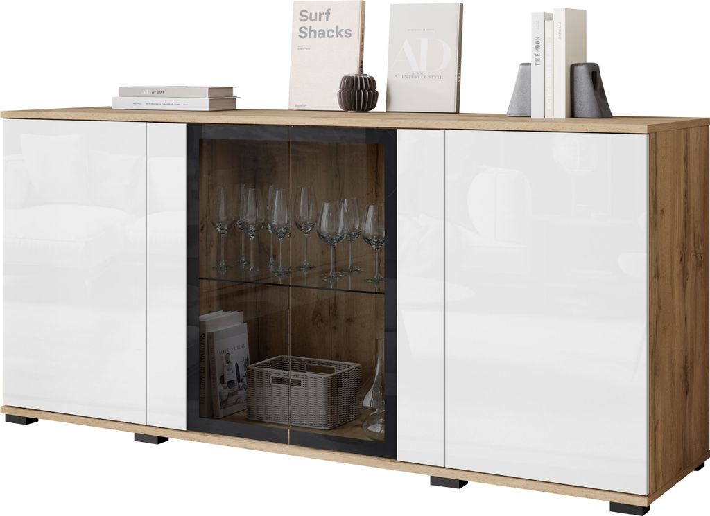 MIRJAN24 Türkommode CARO SB 154 4D, Stilvoll Wohnzimmer, Kommode mit vier Drehtüren (Farbe: Wotan / Weiß Hochglanz, ohne Beleuchtung)