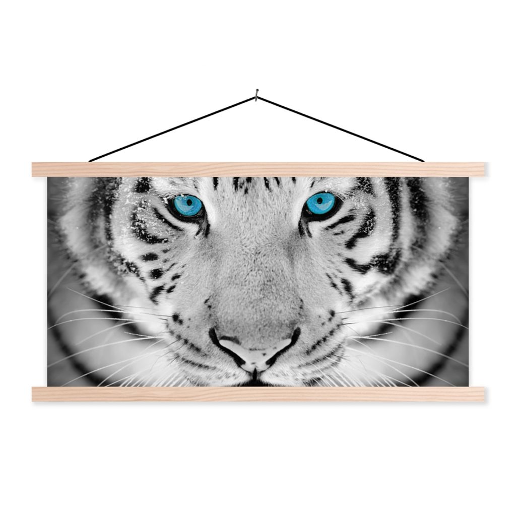 MuchoWow Textilposter Tiere - Tiger - Augen - Blau - Schwarz und weiß 120x60 cm mit holzfarbenen Rahmen - Klemmleiste