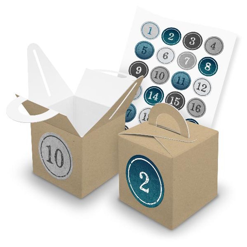 itenga SET V43 Adventskalender Würfelbox mit Griff Braun + Zahlensticker Z01