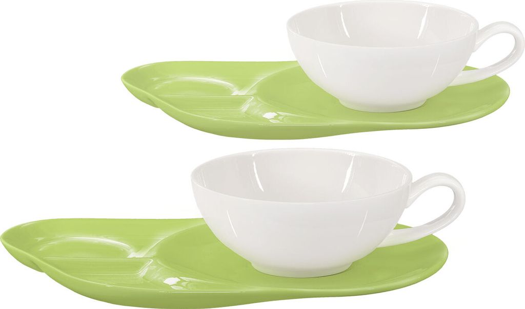 Buchensee Teetassen Porzellan / Teetassen Set Lena mit Ablageteller, 2 Tassen je 200ml, weiß/grün, Crystal Bone China