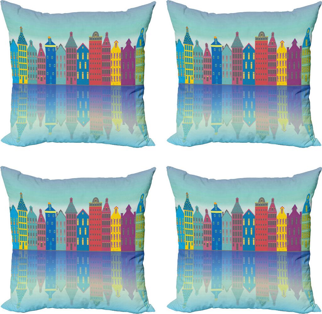 ABAKUHAUS Amsterdam Kissenbezug Set (4 Stück), Futuristisch städtischen Elemente, Moderner Doppelseitiger Digitaldruck, 50 cm x 50 cm, Azure Blau...