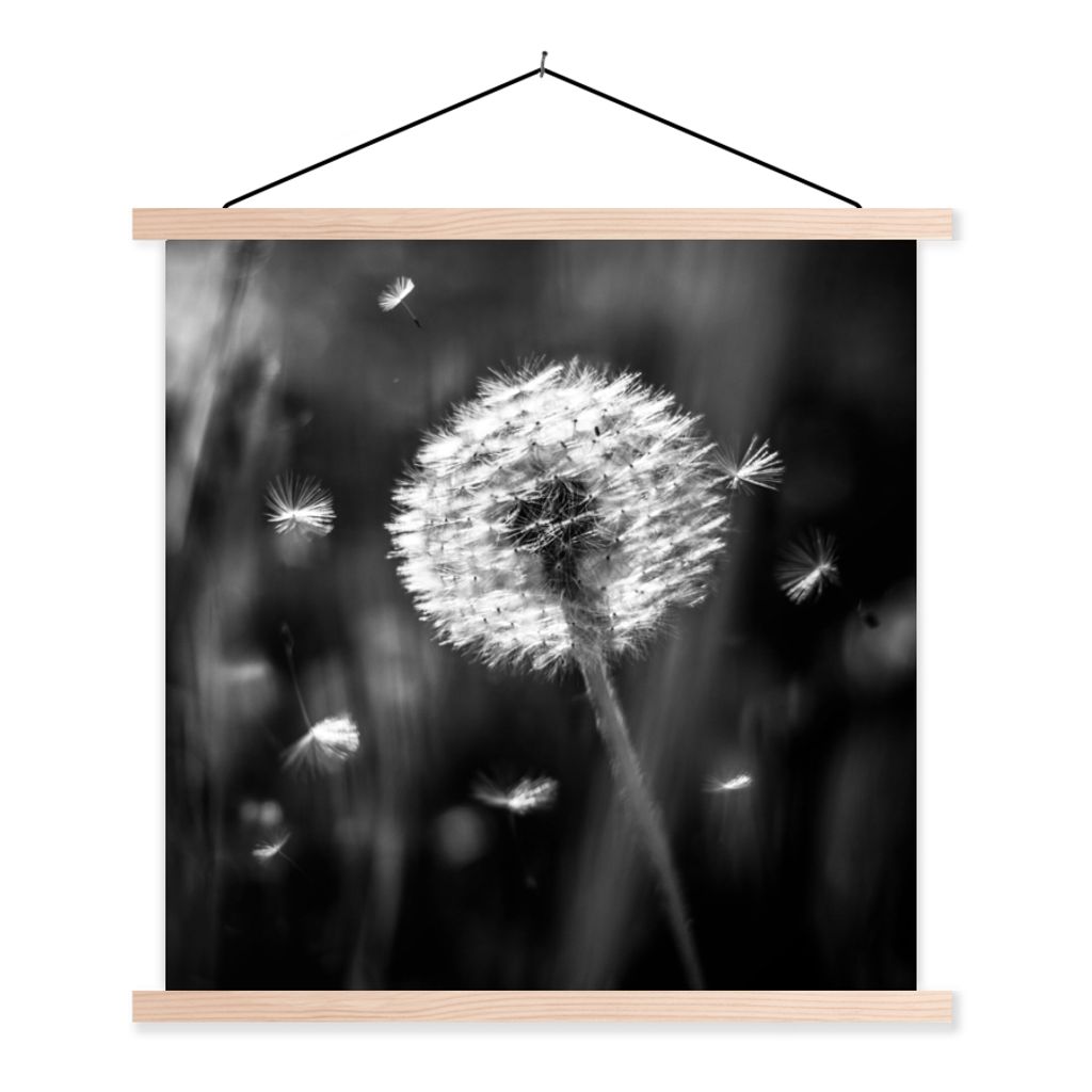 MuchoWow Textilposter Löwenzahn - Schwarz - Weiß - Pflanze 40x40 cm mit holzfarbenen Rahmen - Posterleiste