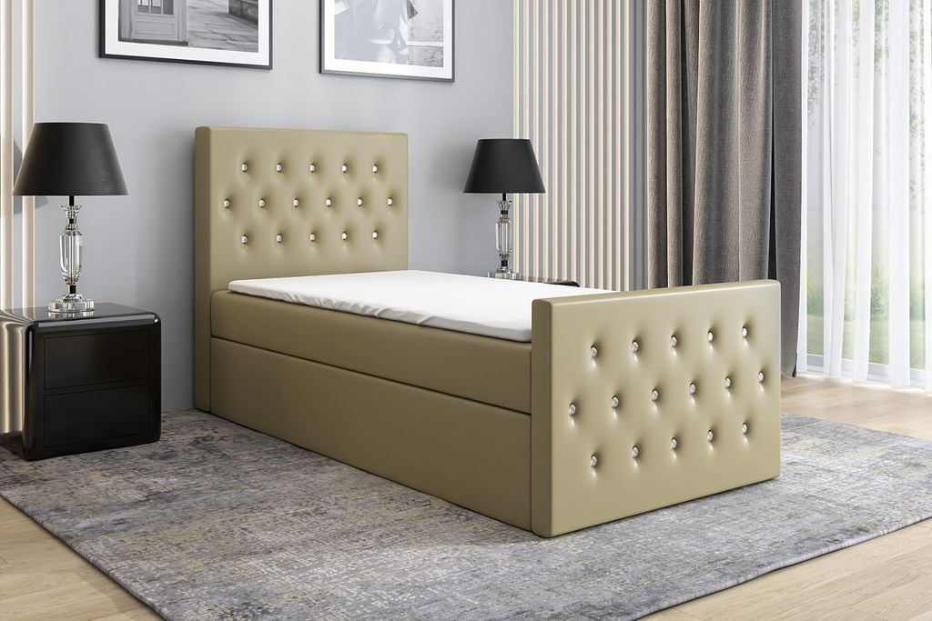Boxspringbett, Jugendbett LILI 80x200 (Links) mit Bettkästen, Bonell-Matratze und Topper. Farbe: Beige