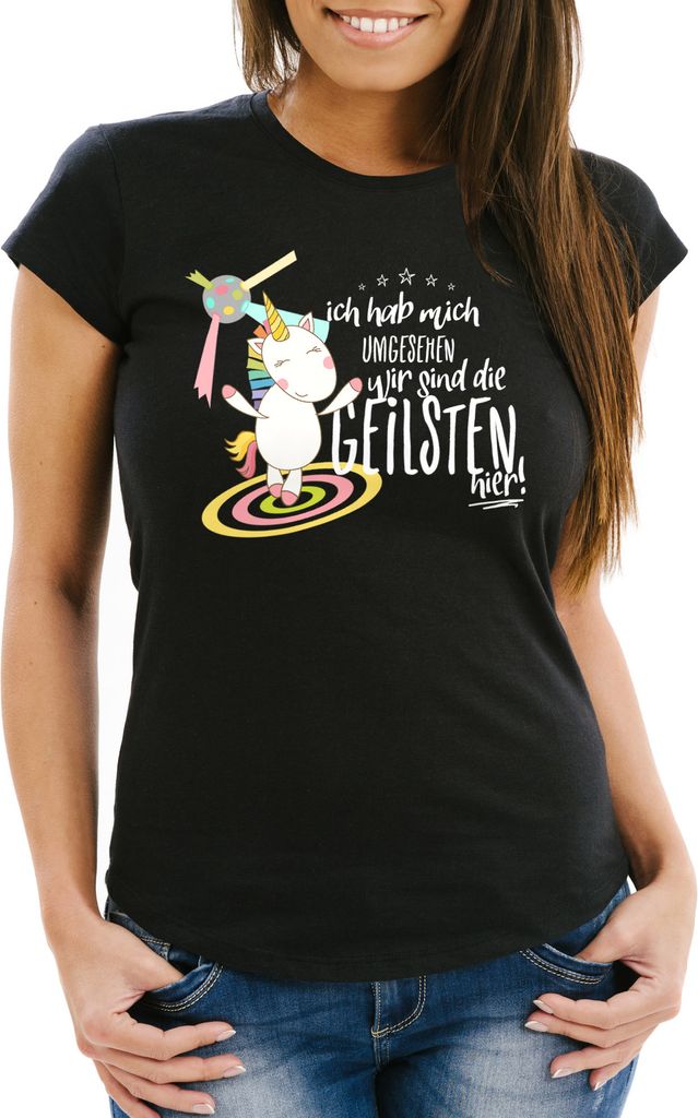 Damen T-Shirt Ich hab mich umgesehen wir sind die geilsten hier Einhorn Party Disco Slim Fit Moonworks schwarz XXL