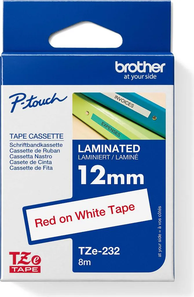 Nastro Brother TZe-232 12mm Rosso su Bianco - 8 Metri Laminati