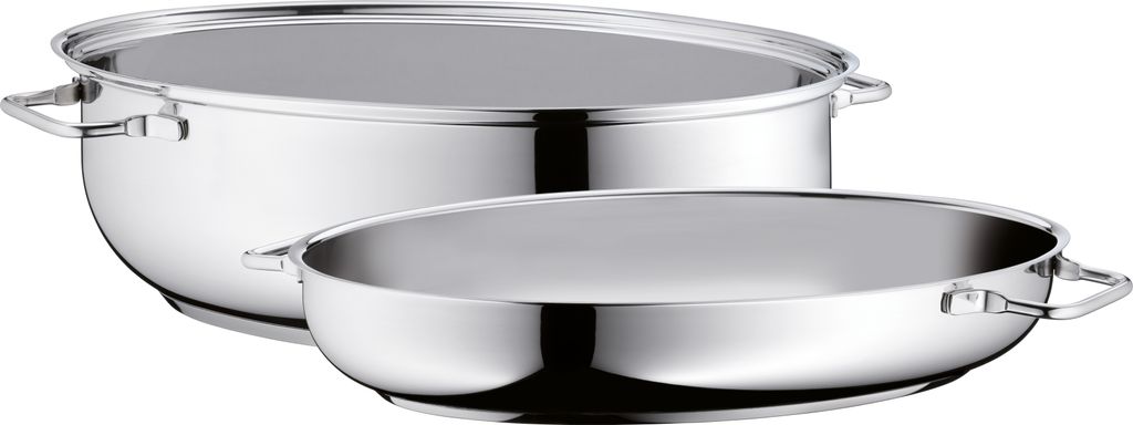 Two shiny stainless steel pots are shown on a white background. The larger pot is in the background and the smaller pot is in the foreground.