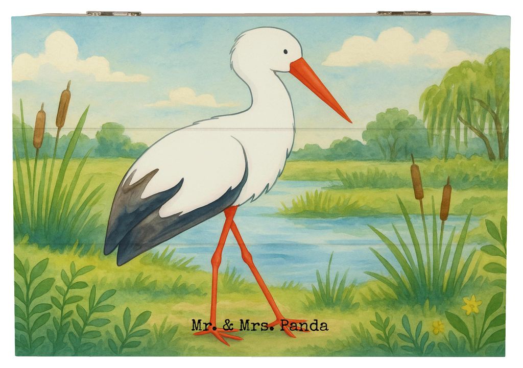 Mr. & Mrs. Panda Holzkiste Storch Design 22 x 15 cm - Weiß - Geschenk, Box, Geburt, Mutter, mit Deckel, Geschenkbox, Holzbox, Schatzkiste, fotobox...