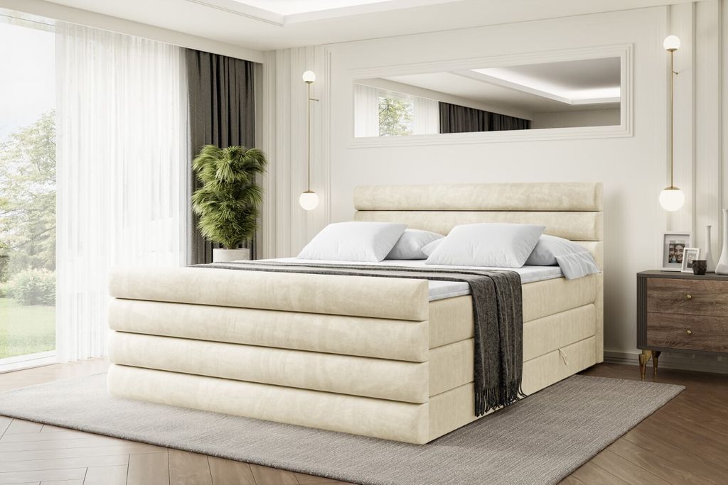 ALTDECOR Boxspringbett mit Fußteil, 2 Matratzen und Topper - 120x200 cm - CELESTIA-Z KING - Beige Samt - Polsterbett mit, H3- und H4- Matratzen, B...