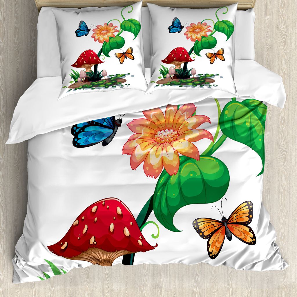 ABAKUHAUS Pilz Bettbezug, Blühende Pflanze Schmetterling, Milbensicher Allergiker geeignet mit Kissenbezügen, 155 cm x 220 cm - 80 x 80 cm, Mehrf...