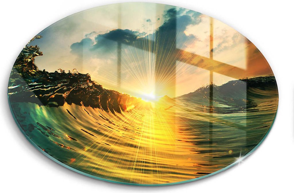 Glasschneideplatte - Herdabdeckplatte - fi30 cm -Schneidebrett - Spritzschutz - Welle und Sonnenuntergang