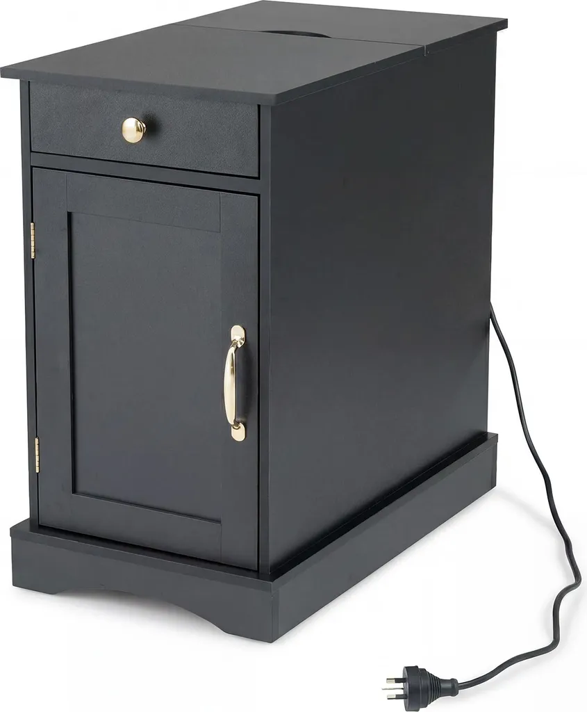 Petite table basse noire avec étagère réglable et station de charge USB