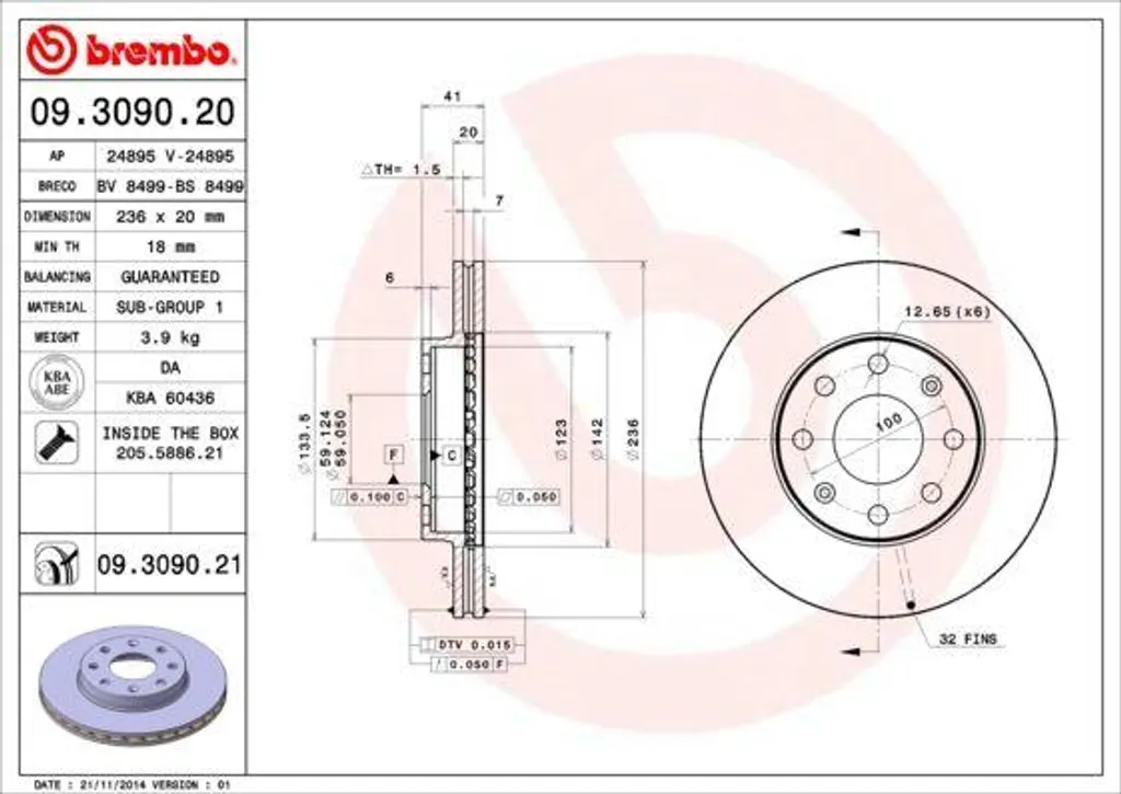 Disque de Frein Ventilé Brembo 09.3090.21 pour Aveo T250 et Spark M300