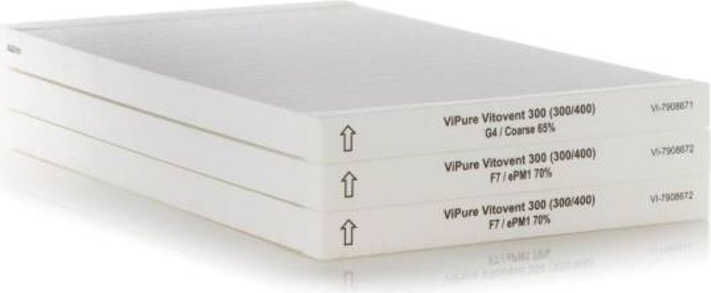 A stack of three white filters.