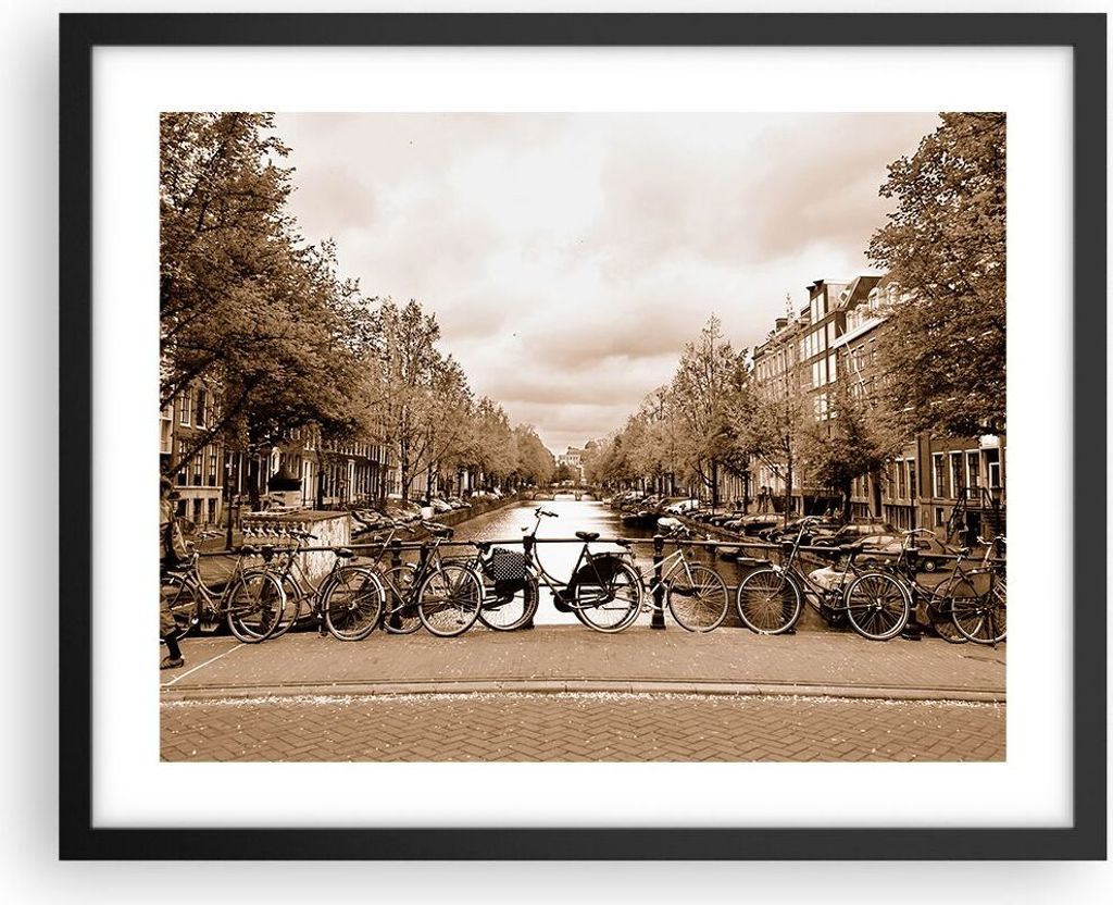Gerahmtes Poster - Schwarzer Rahmen - Kanal Fahrräder Amsterdam Zentrum - 50x40 cm - Wand Bild - Wanddeko - Wandbilder - Wandposter - Bilderrahmen...