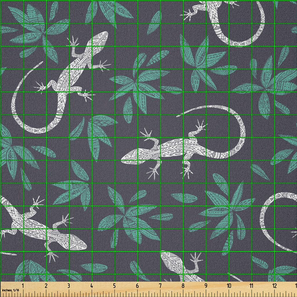 ABAKUHAUS Gecko Microfaser Stoff als Meterware , Hand Drawn Reptilien mit Bohemian Motiv und Laub verlässt Muster, 2 M (230 x 200 cm), Dunkelblau ...